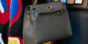 Close Up Of A Grey Dyed Ostrich Leather Handbag
