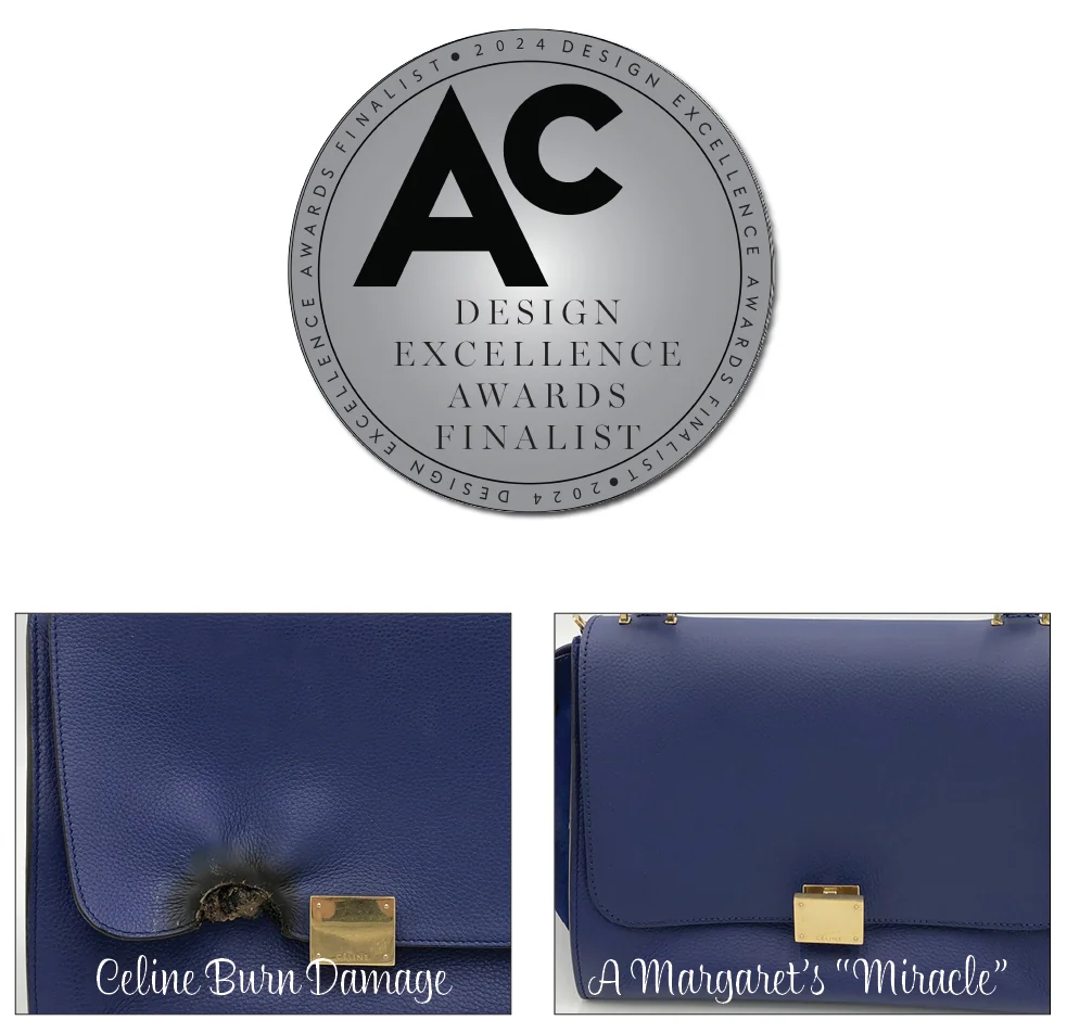 Image Showing A Finalist Medal For The 2024 Ac Design Excellence Awards And Two Blue Handbags—one With Burn Damage Labeled "celine Burn Damage," And One Pristine Labeled "a Margaret's 'miracle'"—set Against A Cozy Home Backdrop.