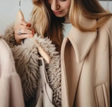 A Person Wearing A Beige Coat Examines A Rack Of Neutral Toned Outerwear, Including A Fluffy Jacket, In A Clothing Store—carefully Avoiding Common Mistakes When Choosing Quality Pieces.