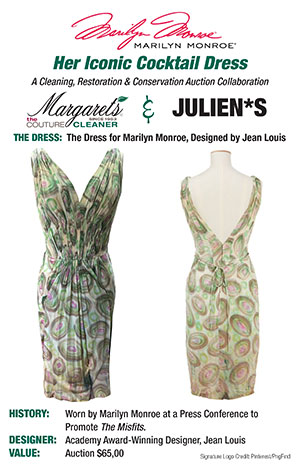 Front And Back Views Of Marilyn Monroe’s Green And White Cocktail Dress Designed By Jean Louis, With Brochures Highlighting Its History, Designer Details, Auction Information, And Additional Resources For Collectors.