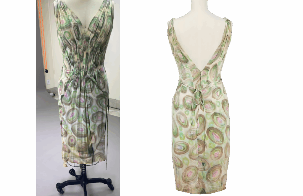 Sleeveless Knee Length Dress With A V Neckline And Abstract Circular Pattern In Pastel Colors, Reminiscent Of Hollywood Heritage, Shown From The Front And Back On A Dress Form.
