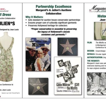 Tri Fold Brochure Highlighting Marilyn Monroe’s Hollywood Heritage, Featuring Images Of Her Iconic Jean Louis Designer Dress, The Designer Label, And Walk Of Fame Stars, Along With Historical Context And Notable Auction Details.