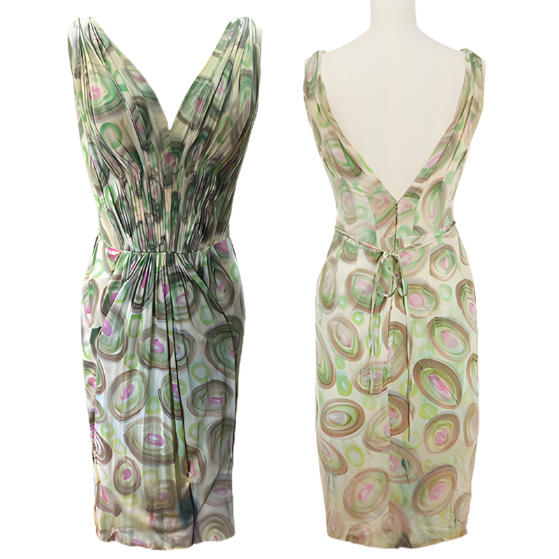 Front And Back Views Of A Sleeveless, V Neck Jean Louis Designer Dress With A Green, Pink, And Beige Circular Pattern And A Tie At The Back Waist, Evoking Classic Hollywood Heritage.