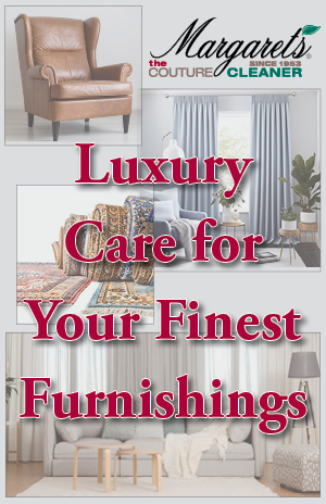 Advertisement For Margaret's Couture Cleaner Featuring A Leather Chair, Curtains, Rugs, And A Sofa, With The Text: "luxury Care For Your Finest Furnishings.