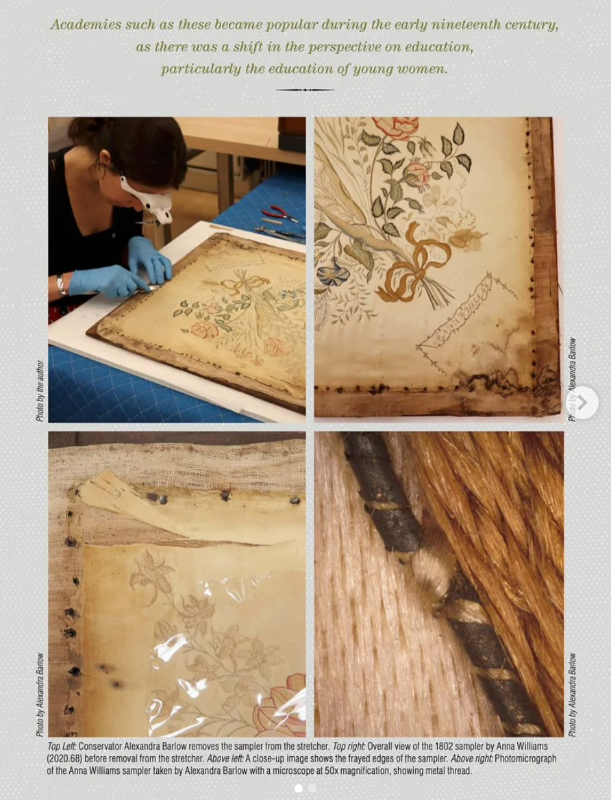 Four Images Show The Preservation Of An 1802 Sampler: A Conservator At Work, The Sampler's Full View, Frayed Fabric Details, And Embroidery Under A Microscope—all Highlighting Textile Conservation Of Cultural Heritage.