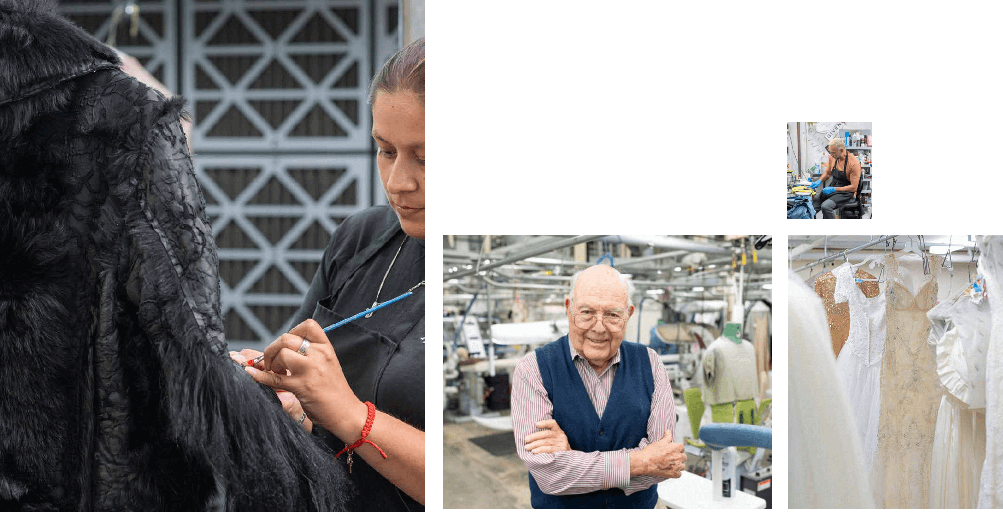 A Person Sews Black Fabric, An Older Man Stands In A Factory, Another Person Is At A Workstation, And White Dresses Hang On Display.