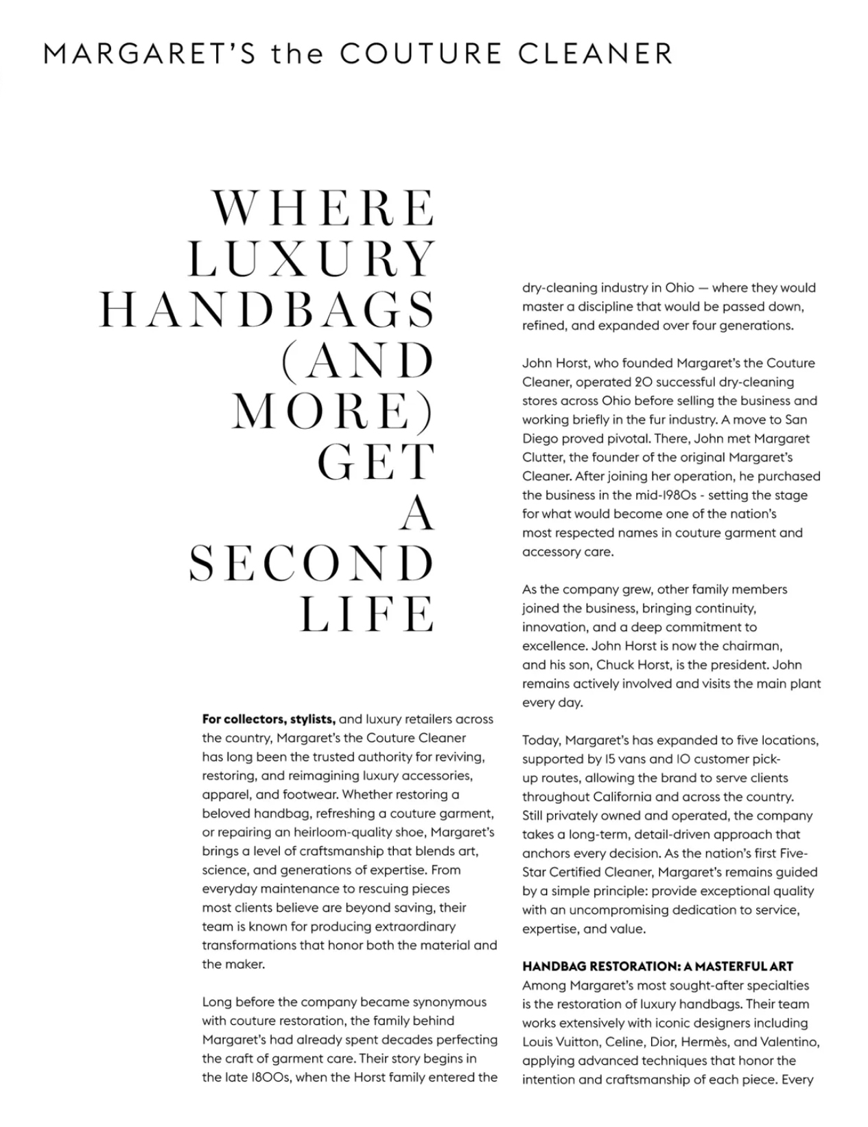 A Magazine Article In Accessories Council Magazine Titled "where Luxury Handbags (and More) Get A Second Life" Spotlights Margaret’s The Couture Cleaner, Renowned For Luxury Handbag Restoration And Expert Care For Cherished Accessories.