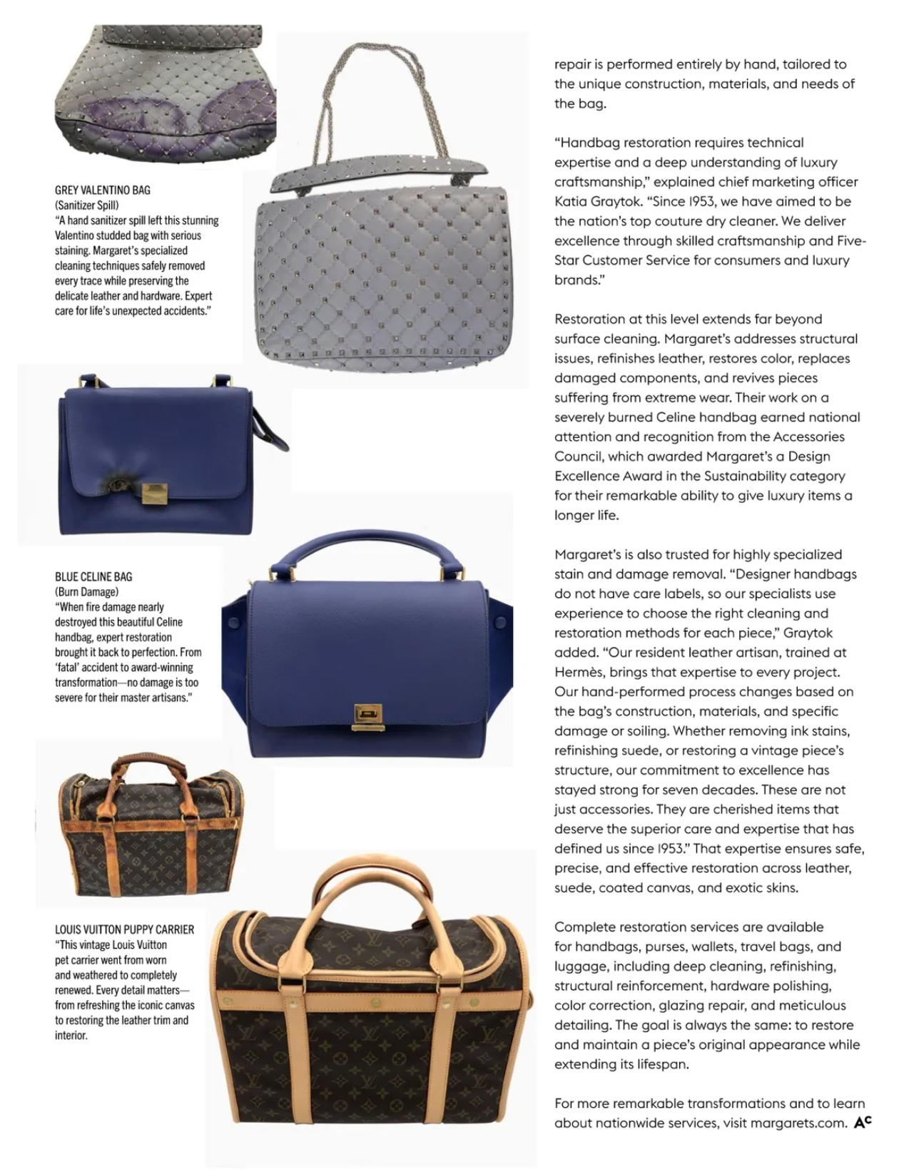 Four Luxury Handbags, Including A Grey Valentino, Blue Celine, And Two Louis Vuitton Bags, Are Displayed Above Text About Couture Cleaner’s Expert Handbag Restoration Services Featured In Accessories Council Magazine's Fifth Anniversary Issue.