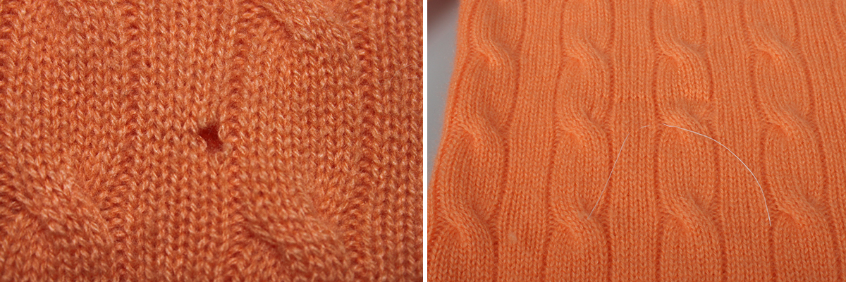 Close Up Images Of Orange Cable Knit Fabric; The Left Shows A Small Hole, While The Right Displays An Intact Area With A Loose White Thread—perfect For Illustrating Knit Restoration Or Tips On Making Knits Last.