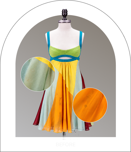 Mannequin wearing a multicolored dress with fabric detail insets