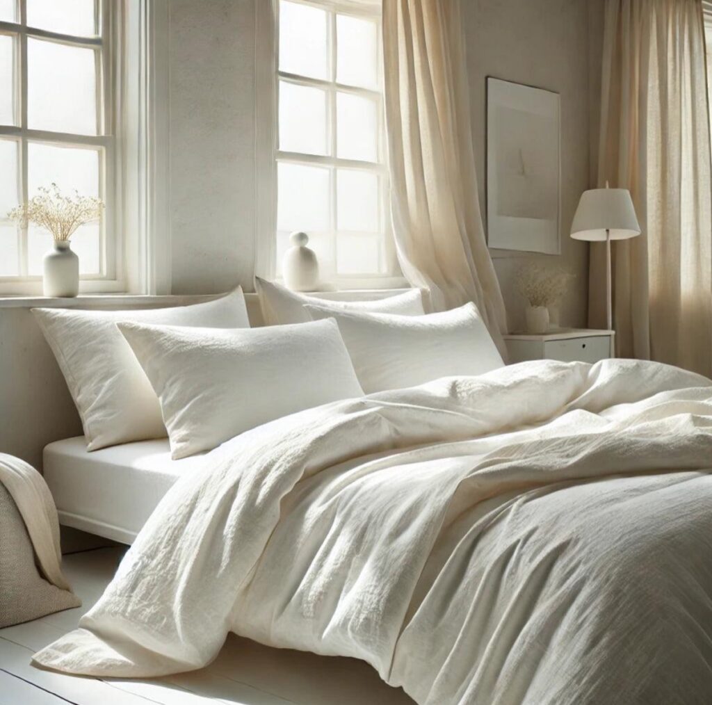 White linen duvet and pillowcases after French Hand Laundry™ service