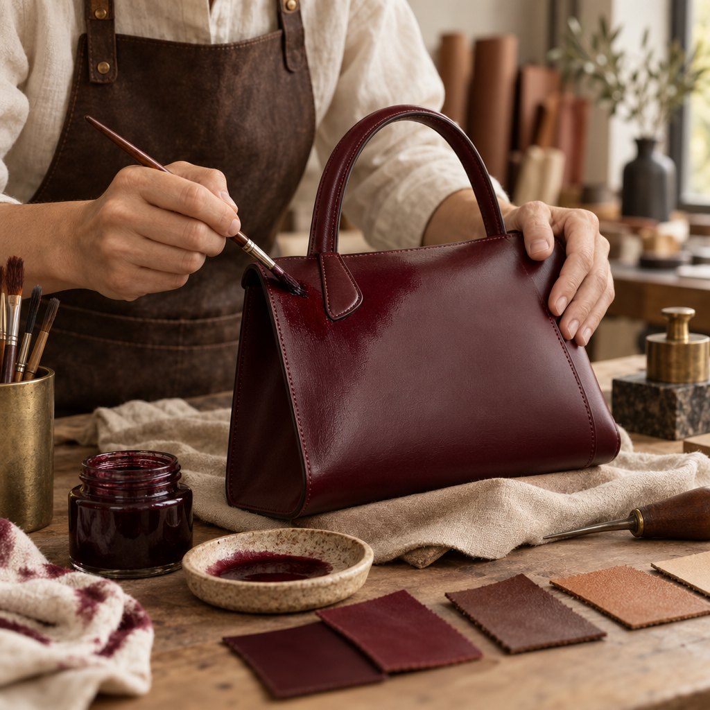 Artisan applying burgundy dye to a leather handbag