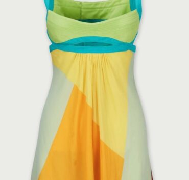 Donatella Versace Spring 2003 color-block evening dress after cleaning by Margaret's, front view