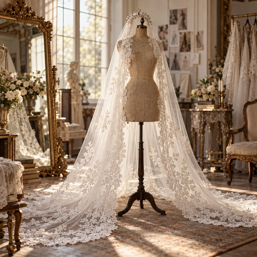 Lace cathedral wedding veil and crystal headpiece on a dress form